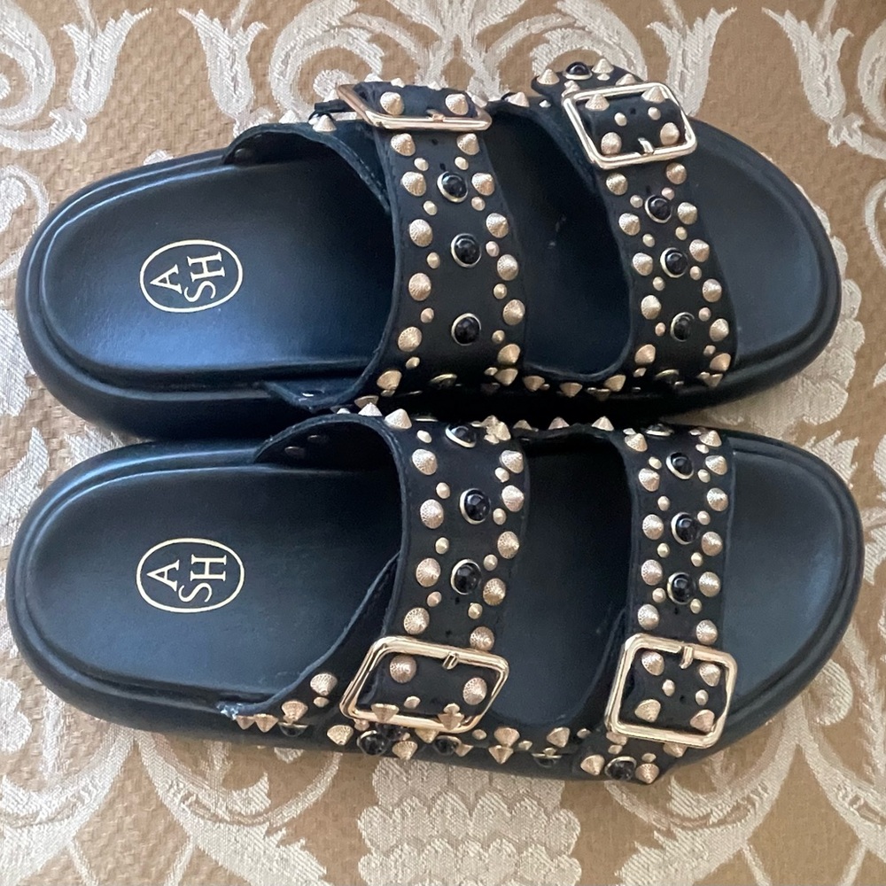ASH Viking Black Leather Studded Chunky Sliders.